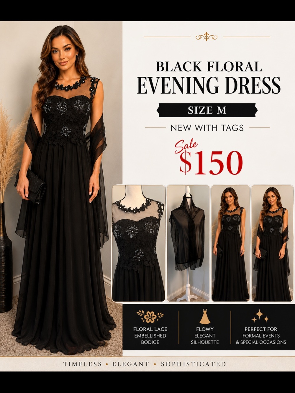 Black Floral Lace Evening Dress - Size M